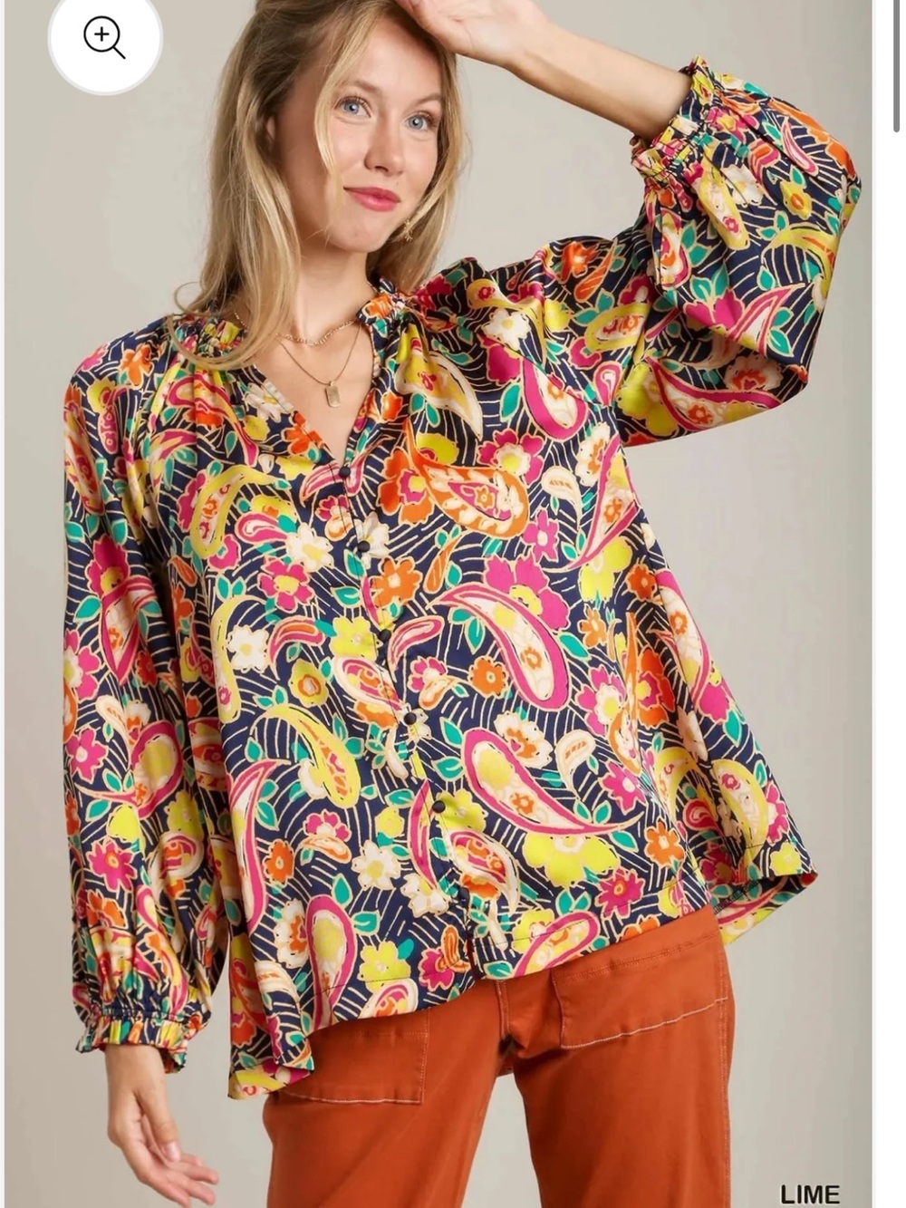 Umgee  Satin Paisley lime time Ruffle Neck Button-Up blouse XL NWT
